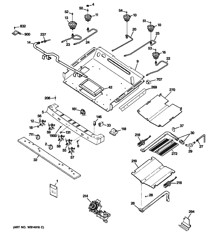 GAS & BURNER PARTS Diagram and Parts List for PGB918DEM4BB  General Electric Range