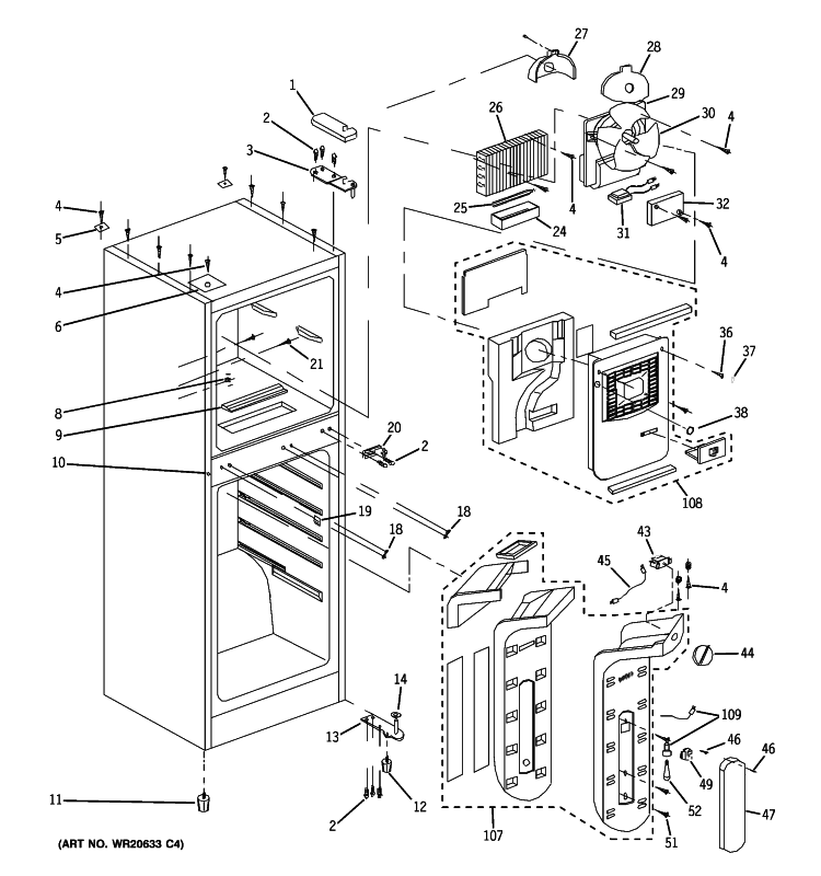 CABINET Diagram and Parts List for GTR12HBXARCC  General Electric Refrigerator