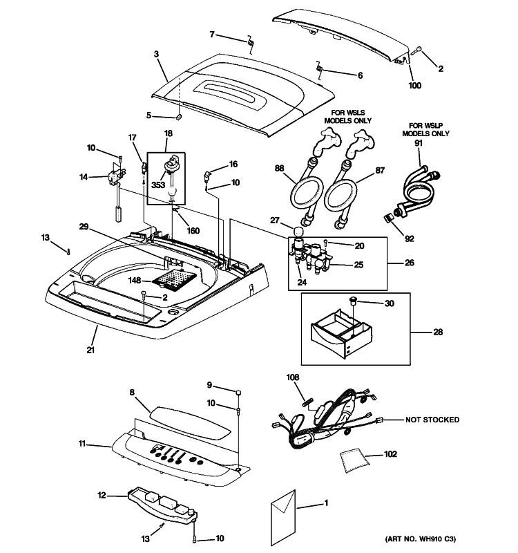 LID & TOP Diagram and Parts List for WSLP1500J0WW  General Electric Washer