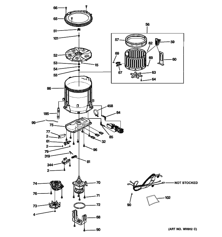 TUB, AGITATOR & DRIVE ASSEMBLY Diagram and Parts List for WSLP1500J0WW  General Electric Washer