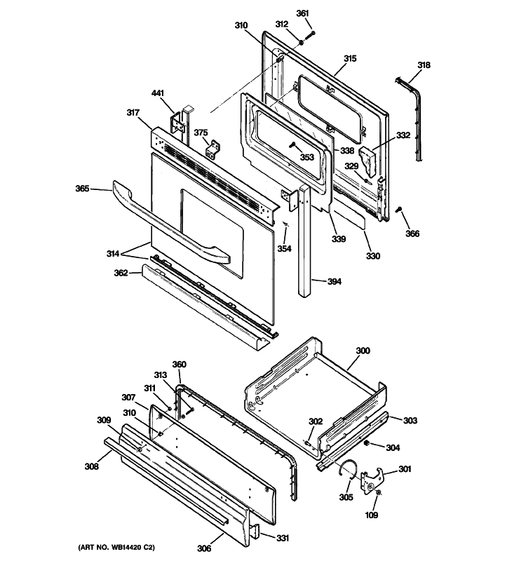 DOOR & DRAWER PARTS Diagram and Parts List for RGB540SEP2SA  Hotpoint Range