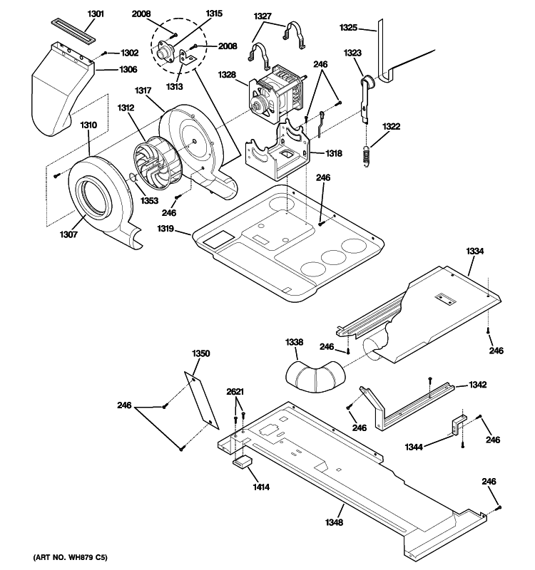 MOTOR, BLOWER & BELT Diagram and Parts List for WSM2700HFWWW  General Electric Washer Dryer Combo