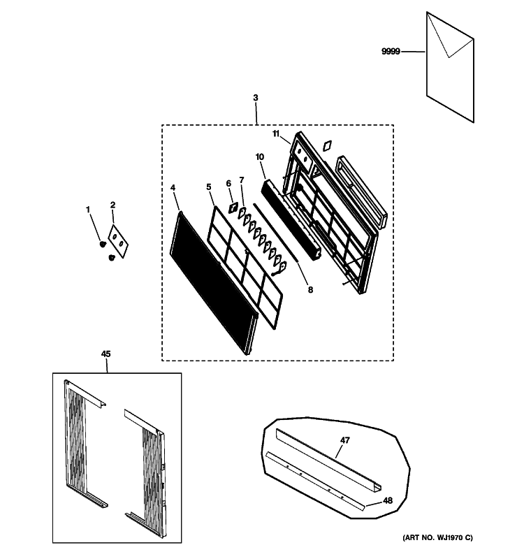 FRONT PANEL, FILTER & FRAME Diagram and Parts List for AEE24DNL1  General Electric Air Conditioner