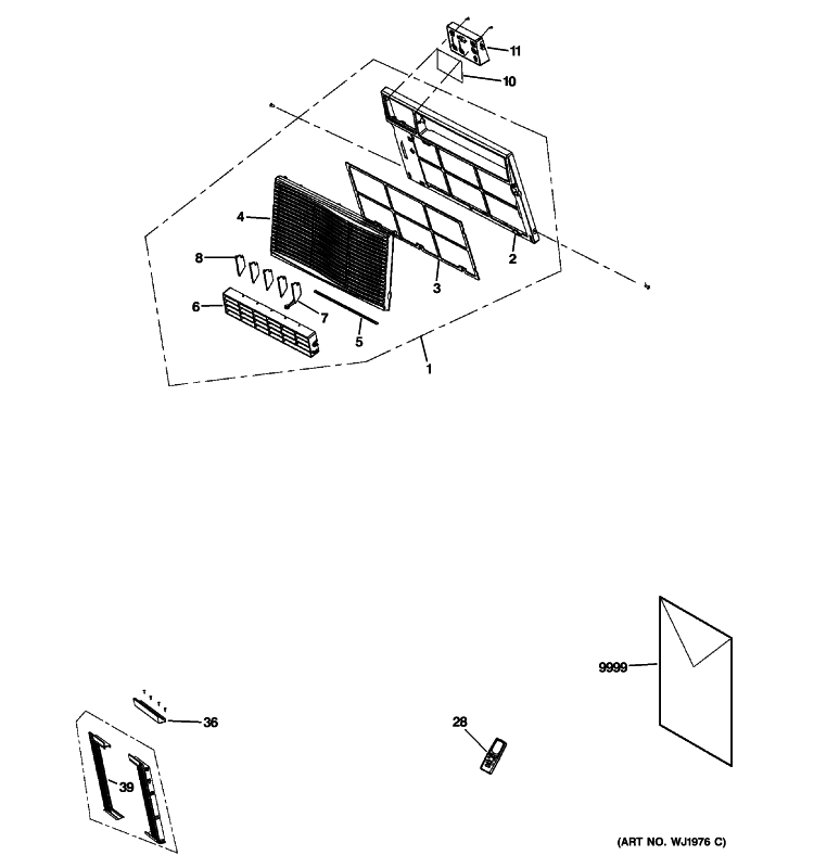 FRONT PANEL, FILTER & FRAME Diagram and Parts List for AEQ06LNH1  General Electric Air Conditioner