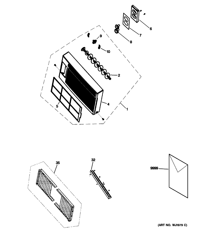 FRONT PANEL, FILTER & FRAME Diagram and Parts List for AEV05LNQ1  General Electric Air Conditioner