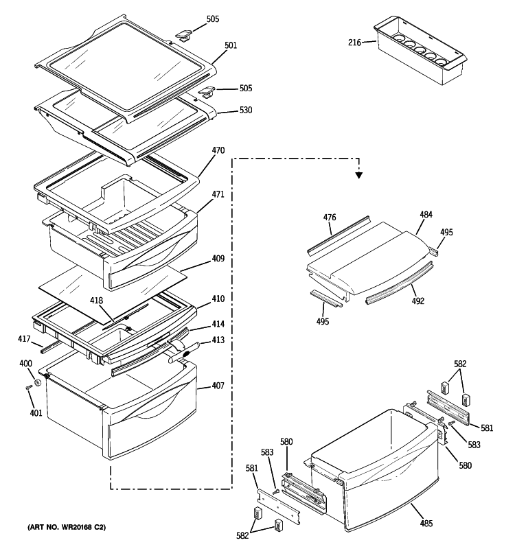 FRESH FOOD SHELVES Diagram and Parts List for GSE25MGYACSS  General Electric Refrigerator