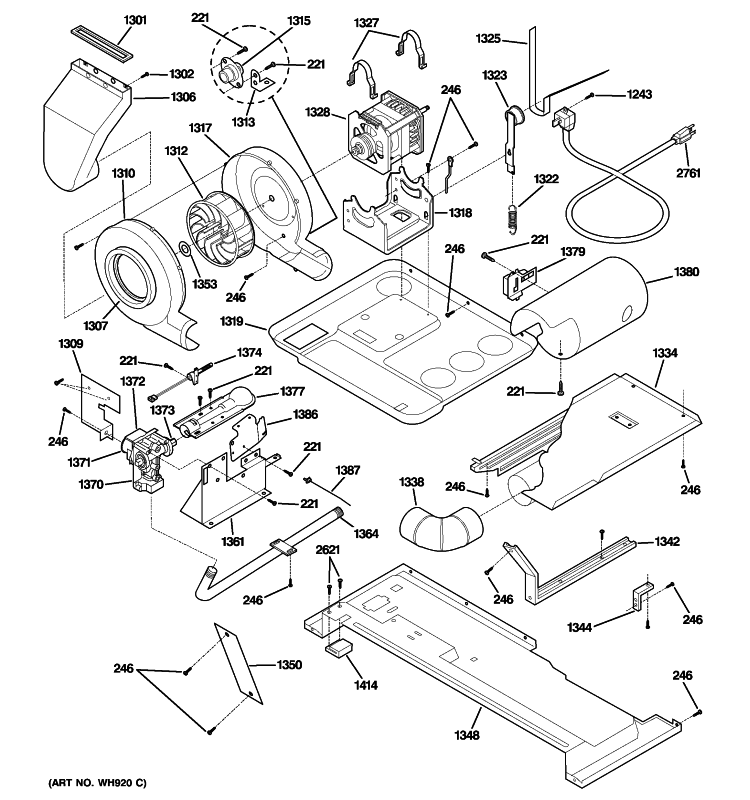 MOTOR, BLOWER & BELT Diagram and Parts List for WSM2780HFWWW  General Electric Washer Dryer Combo