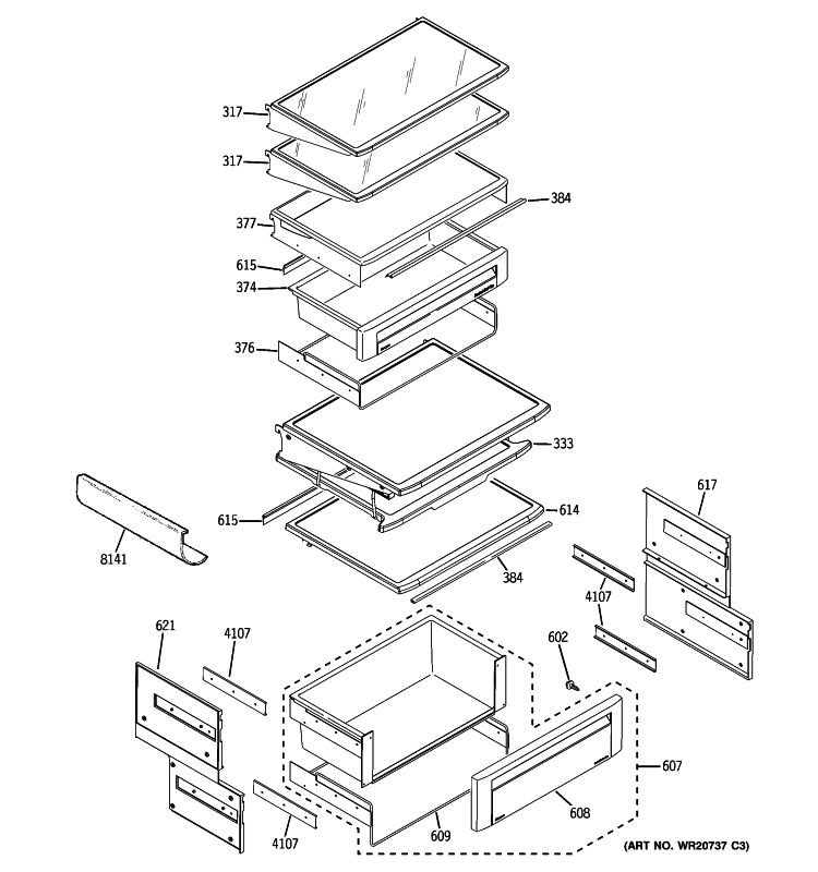FRESH FOOD SHELVES Diagram and Parts List for ZISP420DTBSS  General Electric Refrigerator