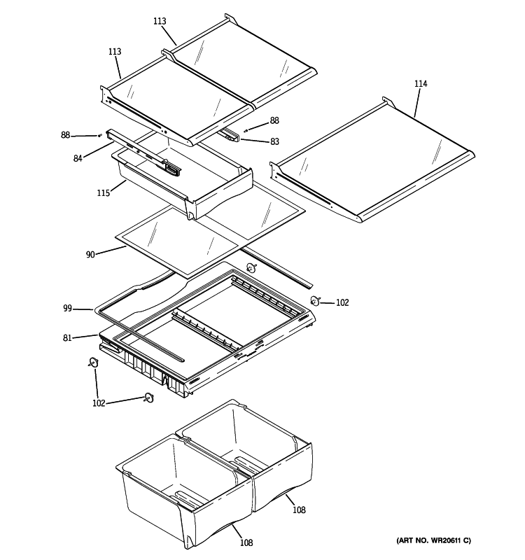FRESH FOOD SHELVES Diagram and Parts List for GFSS2HCYASS  General Electric Refrigerator