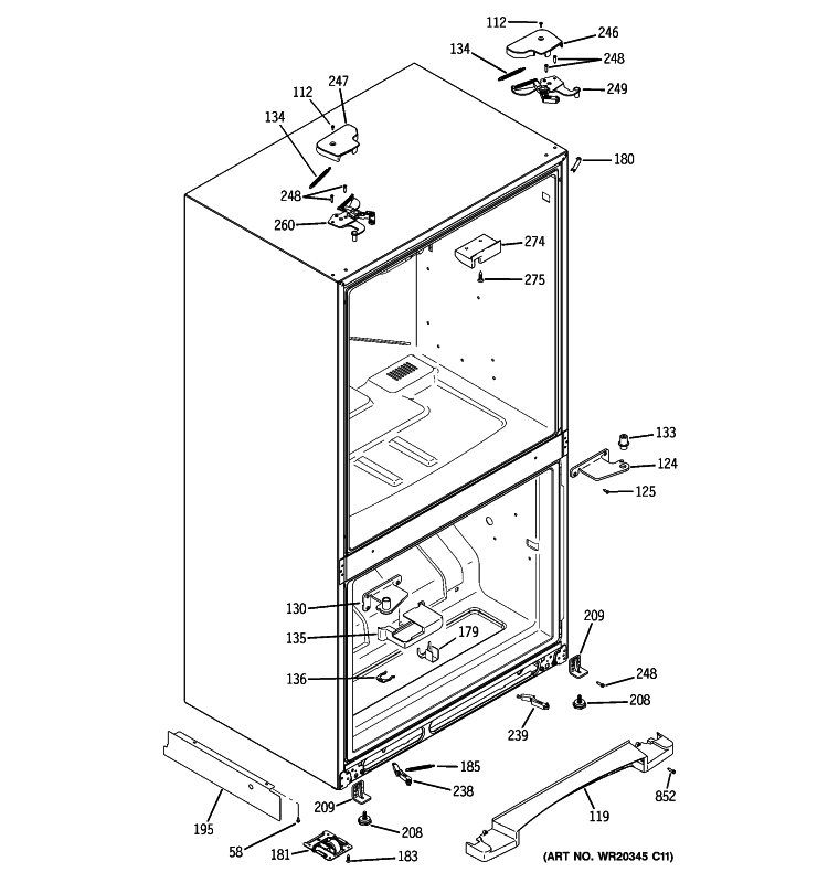 CASE PARTS Diagram and Parts List for PFSF2MJYCWW  General Electric Refrigerator