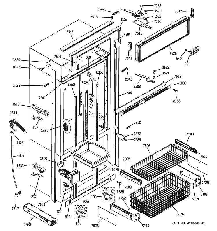 FREEZER SECTION, TRIM & COMPONENTS Diagram and Parts List for ZICS360NXARH  General Electric Refrigerator