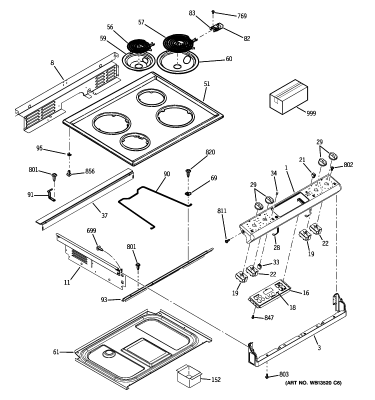 CONTROL PANEL & COOKTOP Diagram and Parts List for JSP39SN3SS  General Electric Range