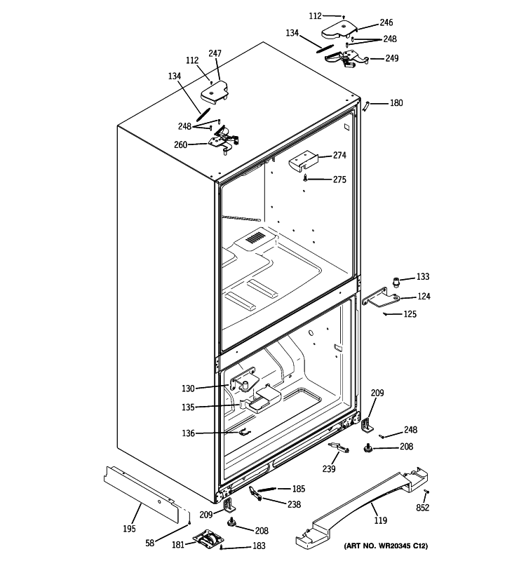 CASE PARTS Diagram and Parts List for PFSF2MJXABB  General Electric Refrigerator