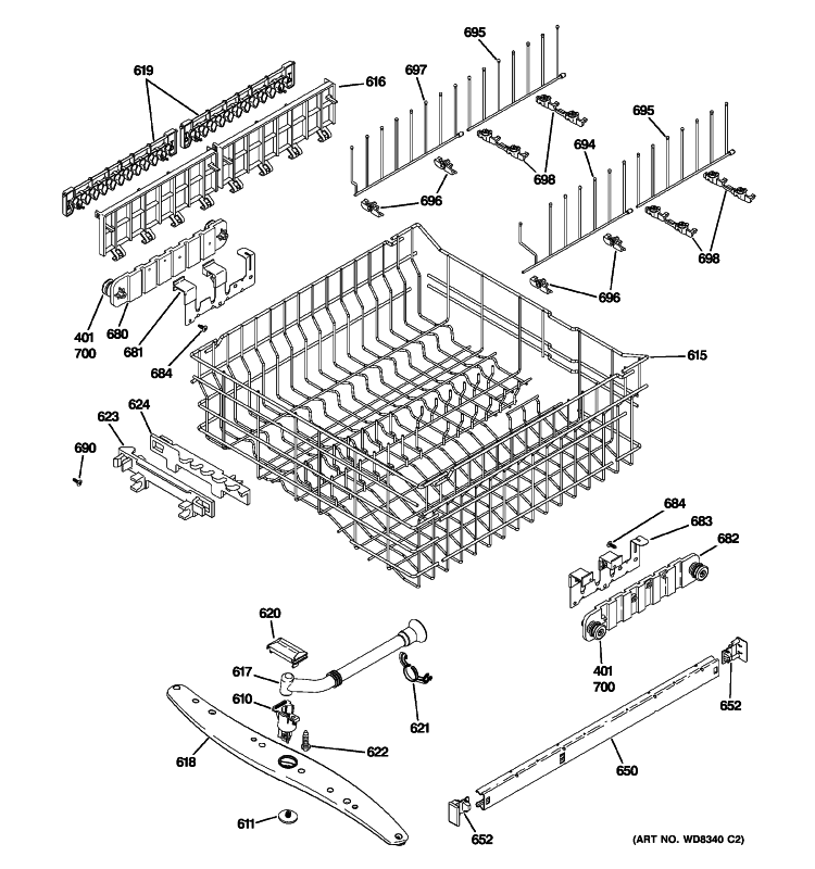 UPPER RACK ASSSEMBLY Diagram and Parts List for GLD7460R10SS  General Electric Dishwasher