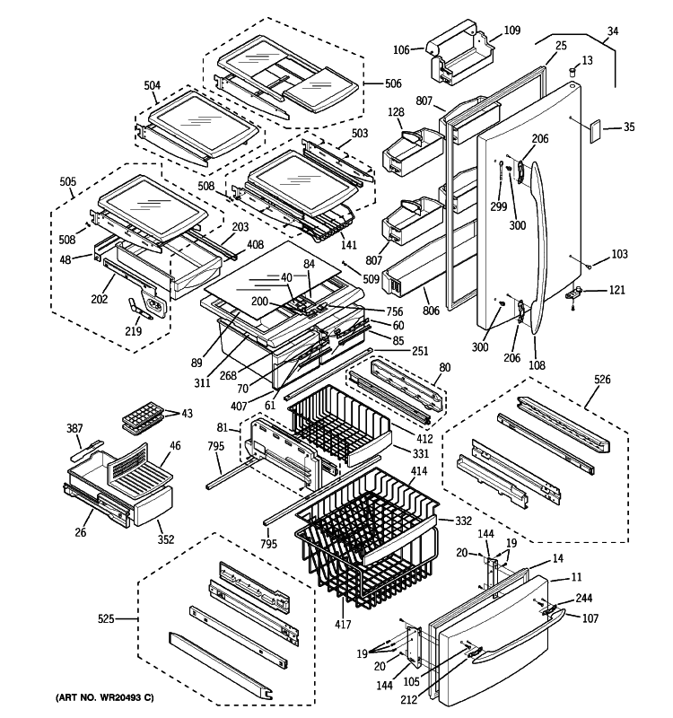 DOORS & SHELVES Diagram and Parts List for PDS20MFWBCC  General Electric Refrigerator