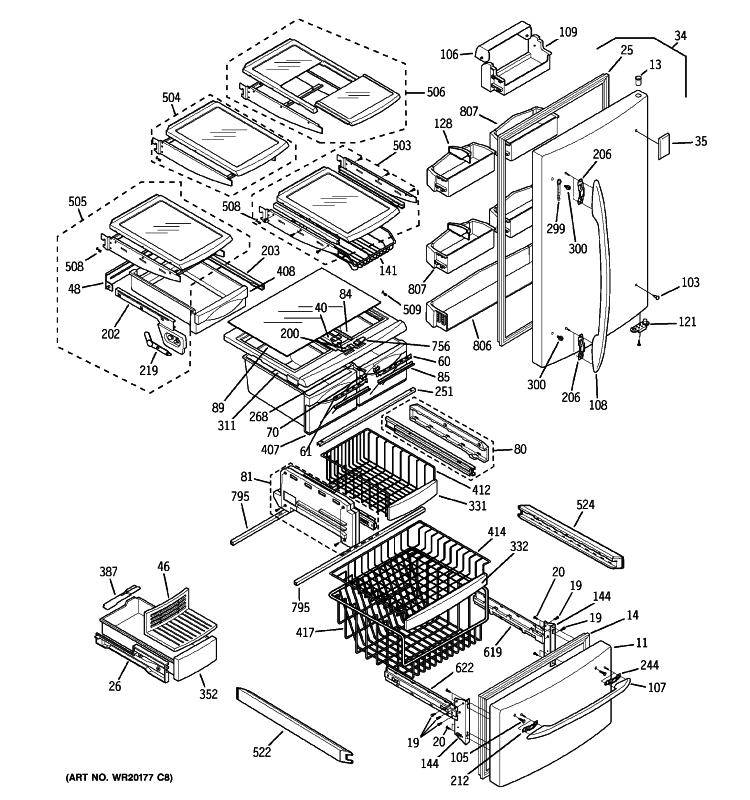 DOORS & SHELVES Diagram and Parts List for PDS22MFWCWW  General Electric Refrigerator