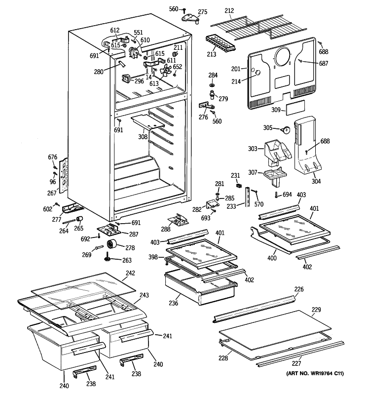 CABINET Diagram and Parts List for CTS18HBSFRWW  General Electric Refrigerator