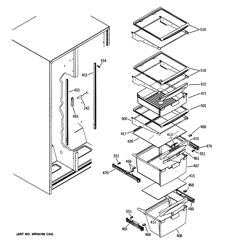 FRESH FOOD SHELVES Diagram and Parts List for ESL25JFXJLB  General Electric Refrigerator