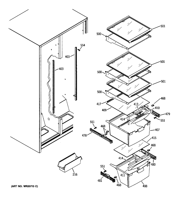 FRESH FOOD SHELVES Diagram and Parts List for GSE25KETNFWW  General Electric Refrigerator
