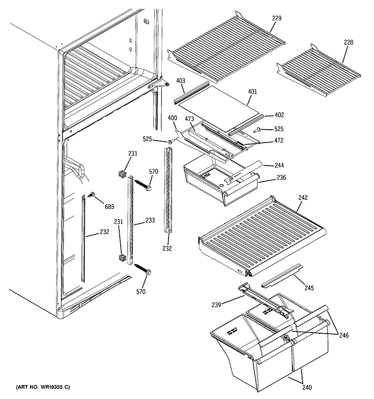 FRESH FOOD SHELVES Diagram and Parts List for GTH18DBRALCC  General Electric Refrigerator