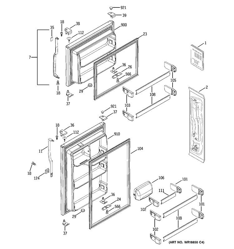 DOORS Diagram and Parts List for GTH18DBRCLCC  General Electric Refrigerator