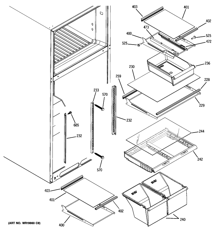 FRESH FOOD SHELVES Diagram and Parts List for GTK18ICXCRBS  General Electric Refrigerator