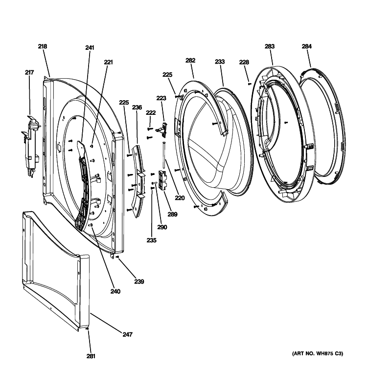 FRONT PANEL & DOOR Diagram and Parts List for WBVH5200J2WW  General Electric Washer