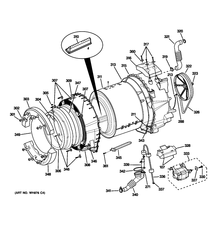 TUB & MOTOR Diagram and Parts List for WHDVH680J1MS  General Electric Washer