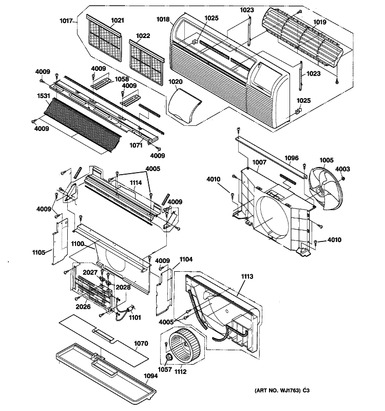 GRILLE & AIR MOVING PARTS Diagram and Parts List for AZ22E12D3CM3  General Electric Air Conditioner