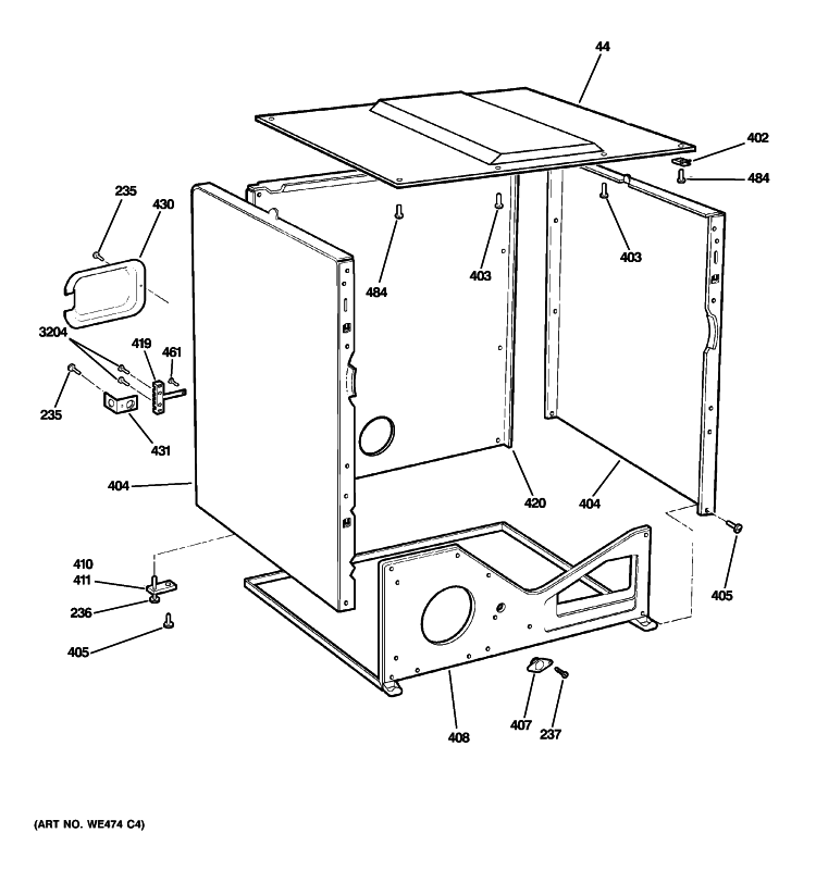LOWER CABINET Diagram and Parts List for DDC4400T2WH  General Electric Dryer