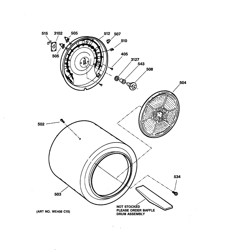 DRUM Diagram and Parts List for DDC4400T2WH  General Electric Dryer