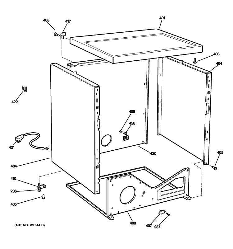 UPPER CABINET Diagram and Parts List for DDC4500T2WH  General Electric Dryer