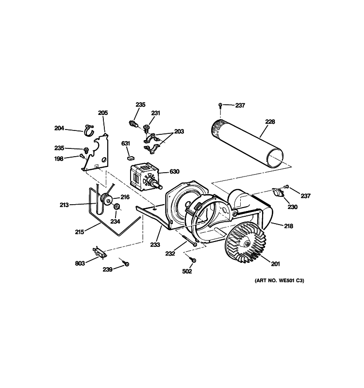 BLOWER & DRIVE ASSEMBLY Diagram and Parts List for DDC4500T3WH  General Electric Dryer
