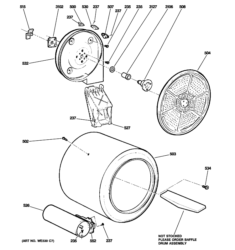 DRUM Diagram and Parts List for DDC4500T3WH  General Electric Dryer