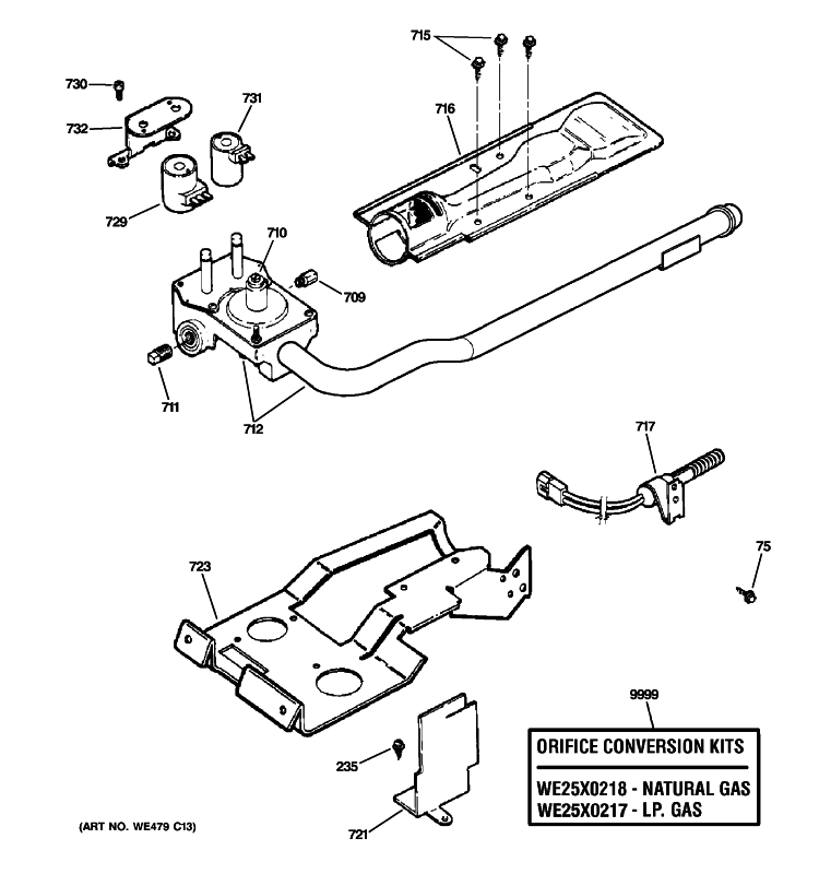 GAS VALVE & BURNER ASSEMBLY Diagram and Parts List for DDC4500T3WH  General Electric Dryer