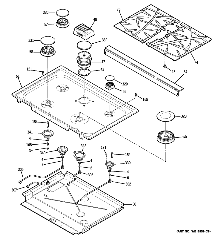 COOKTOP Diagram and Parts List for PGS908SEP1SS  General Electric Range