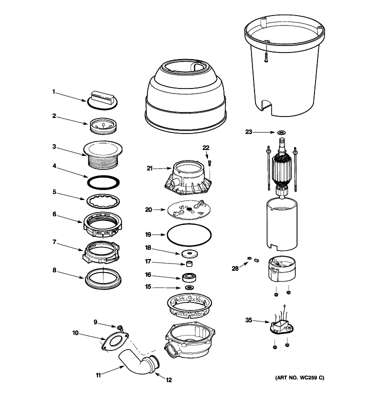DISPOSER PARTS Diagram and Parts List for GFC1001F-01  General Electric Food Waste Disposer