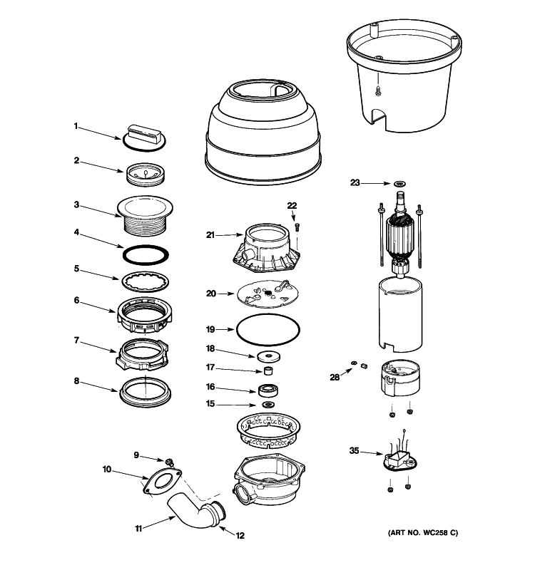 DISPOSER PARTS Diagram and Parts List for GFC701F-01  General Electric Food Waste Disposer