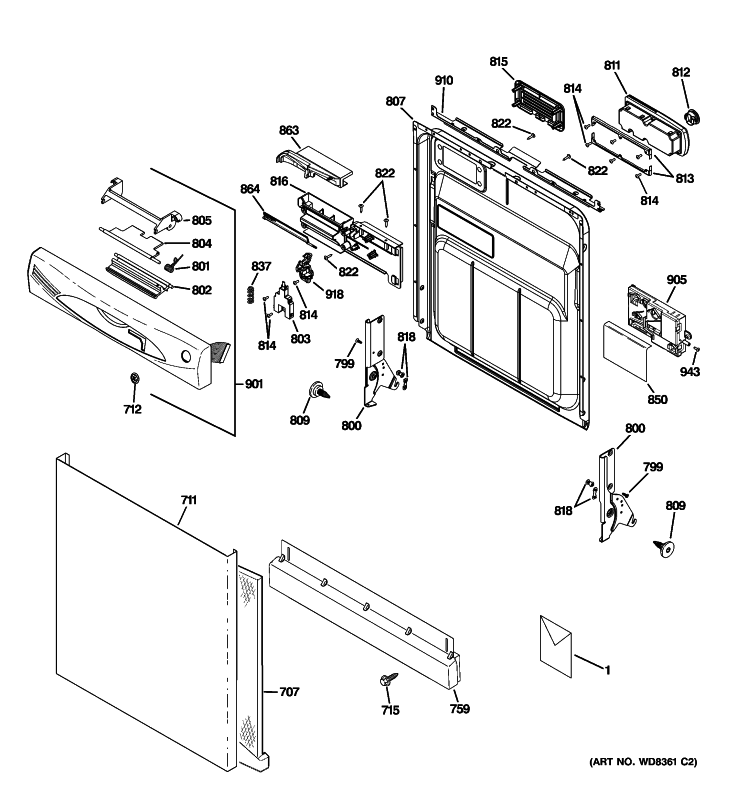 ESCUTCHEON & DOOR ASSEMBLY Diagram and Parts List for GDWF160R10SS  General Electric Dishwasher