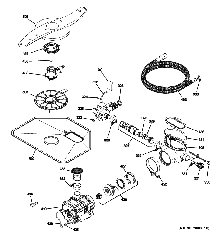 MOTOR-PUMP MECHANISM Diagram and Parts List for GDWF160R10SS  General Electric Dishwasher