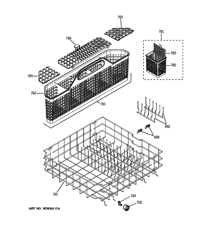 LOWER RACK ASSEMBLY Diagram and Parts List for GLD6964R10SS  General Electric Dishwasher