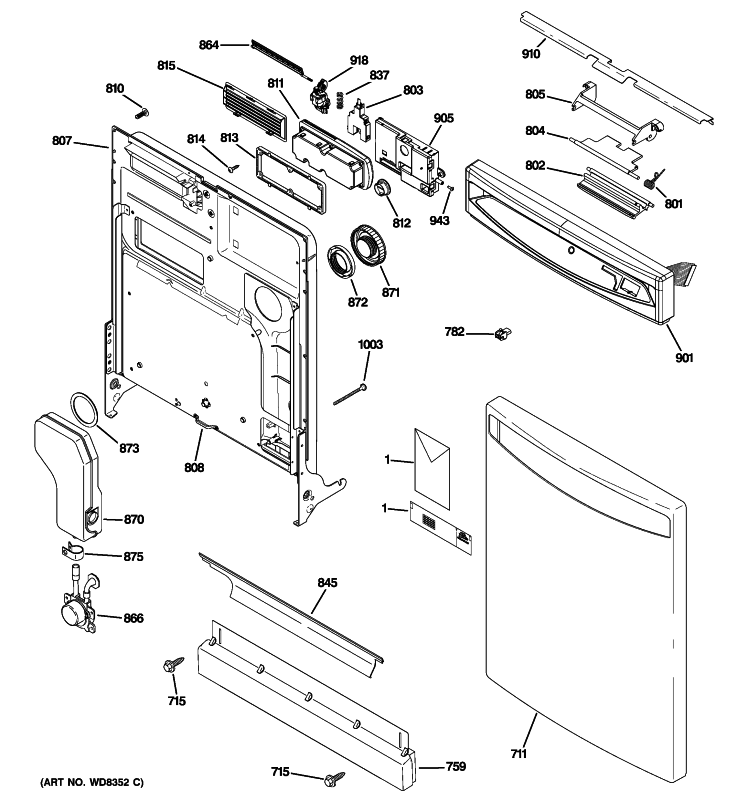 ESCUTCHEON & DOOR ASSEMBLY Diagram and Parts List for GLD6966R10SS  General Electric Dishwasher
