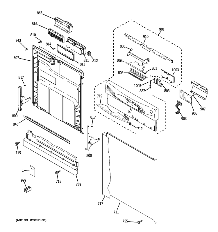 ESCUTCHEON & DOOR ASSEMBLY Diagram and Parts List for GLD6968R10SS  General Electric Dishwasher