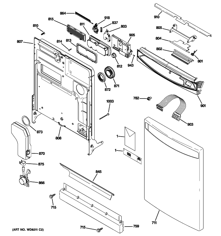 ESCUTCHEON & DOOR ASSEMBLY Diagram and Parts List for GLD7400R10WW  General Electric Dishwasher