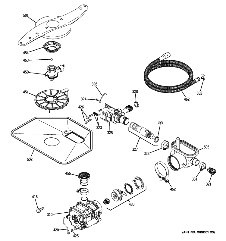 MOTOR-PUMP MECHANISM Diagram and Parts List for GLD7400R10WW  General Electric Dishwasher