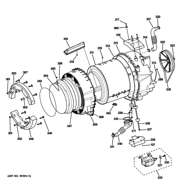 TUB & MOTOR Diagram and Parts List for WBVH5300K1WW  General Electric Washer