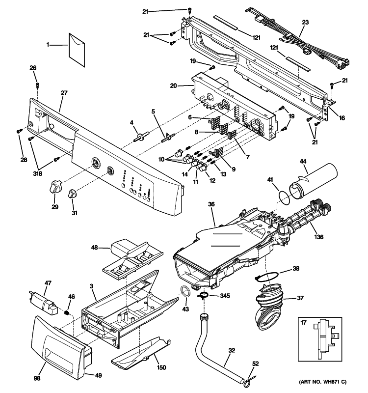 CONTROLS & DISPENSER Diagram and Parts List for WSSH300G2WW  General Electric Washer