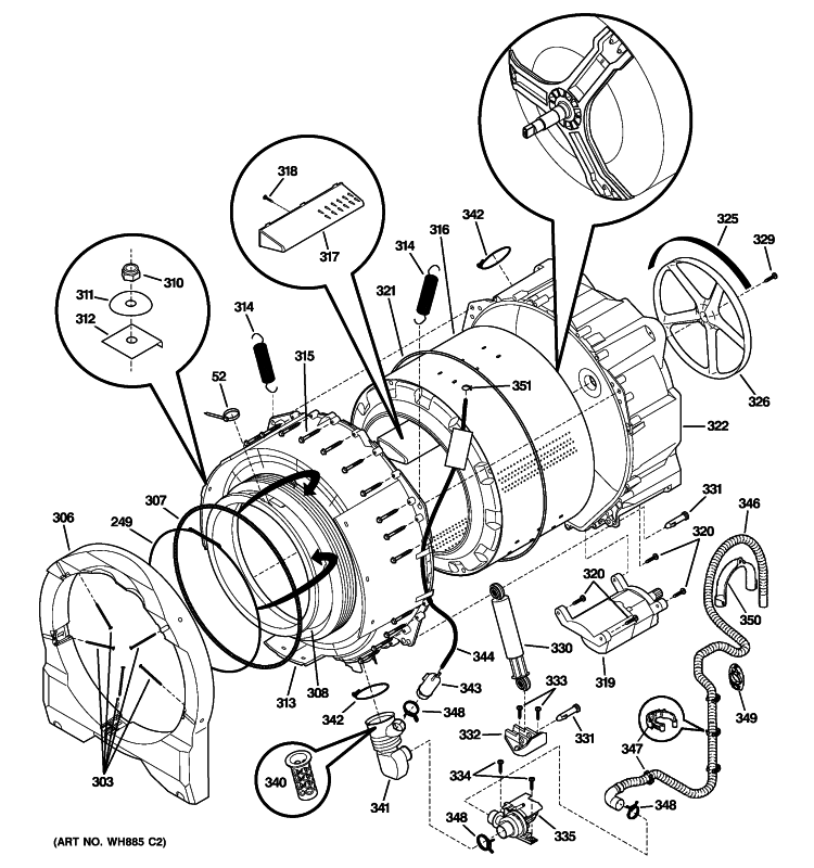 TUB & MOTOR Diagram and Parts List for WSSH300G3WW  General Electric Washer
