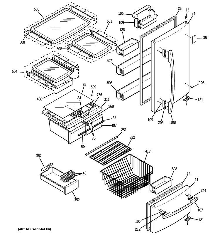 DOORS & SHELVES Diagram and Parts List for GBS20HBSCWW  General Electric Refrigerator