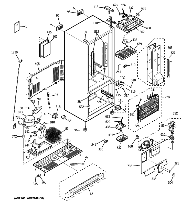 CABINET Diagram and Parts List for GBS20HBSCWW  General Electric Refrigerator